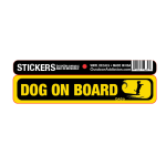 Dog on board - surfing 1 x 5 inches mini bumper sticker Make a statement with these great designs sized perfectly for items like computers, cell phones or bigger items like your car! Dimensions: 1" x 5 inch -Printed vinyl -Outdoor durable and ultra removable -Waterproof